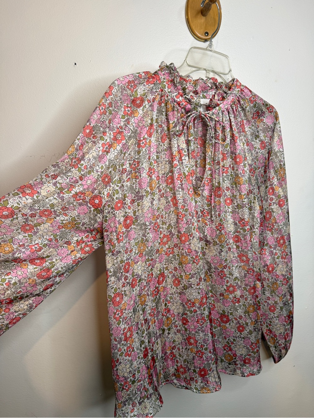 H&M Pink Multi Floral Tie-Neck Long-Sleeve Blouse